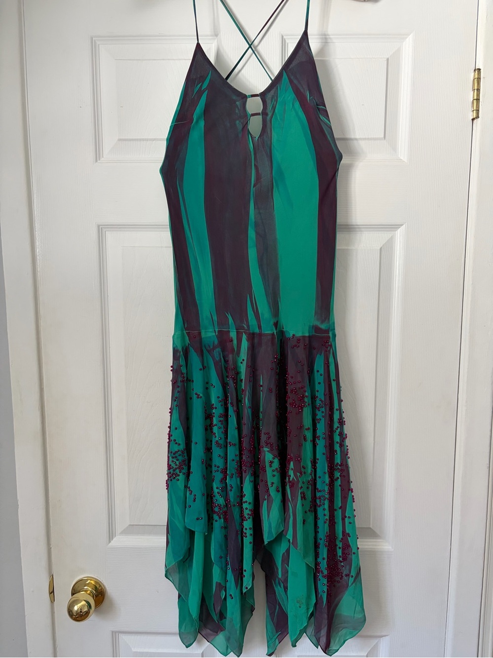 Vtg Y2K Marciano Beaded Fairycore Handkerchief Dress Green Purple XS
